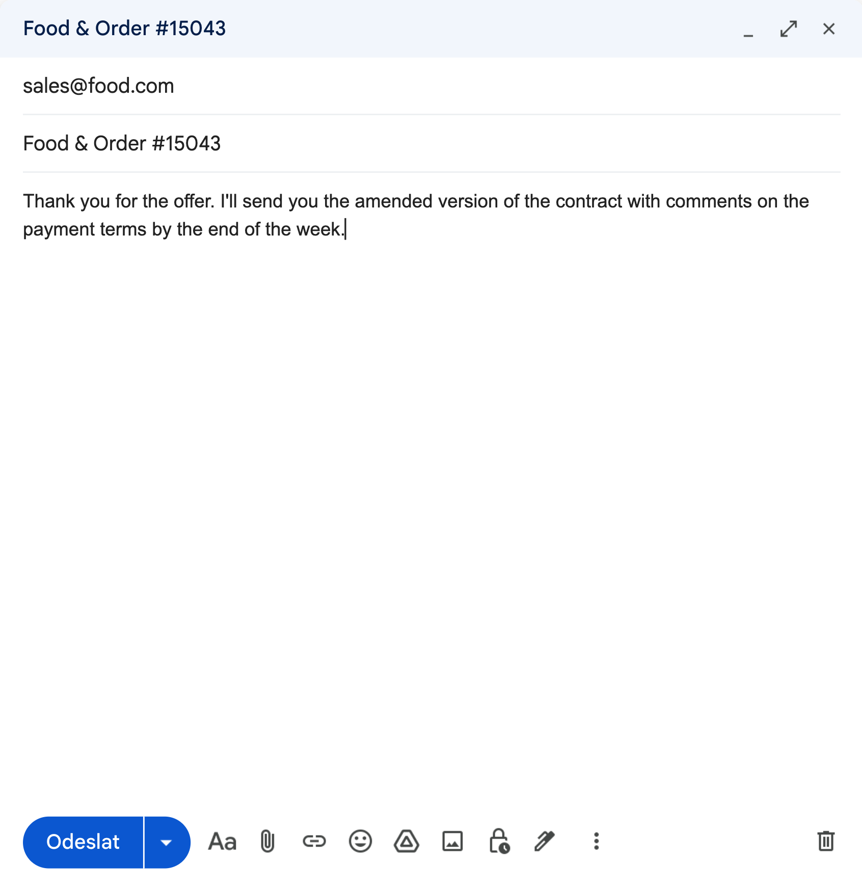 The same Gmail compose window after one key press, the sentence now in English: Thank you for the offer. I'll send you the amended version of the contract with comments on the payment terms by the end of the week.